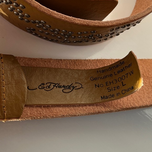 Ed Hardy Leather Belt Yellow Rose Tattoo Buckle Adjustable Size L Vintage Style - Picture 5 of 14